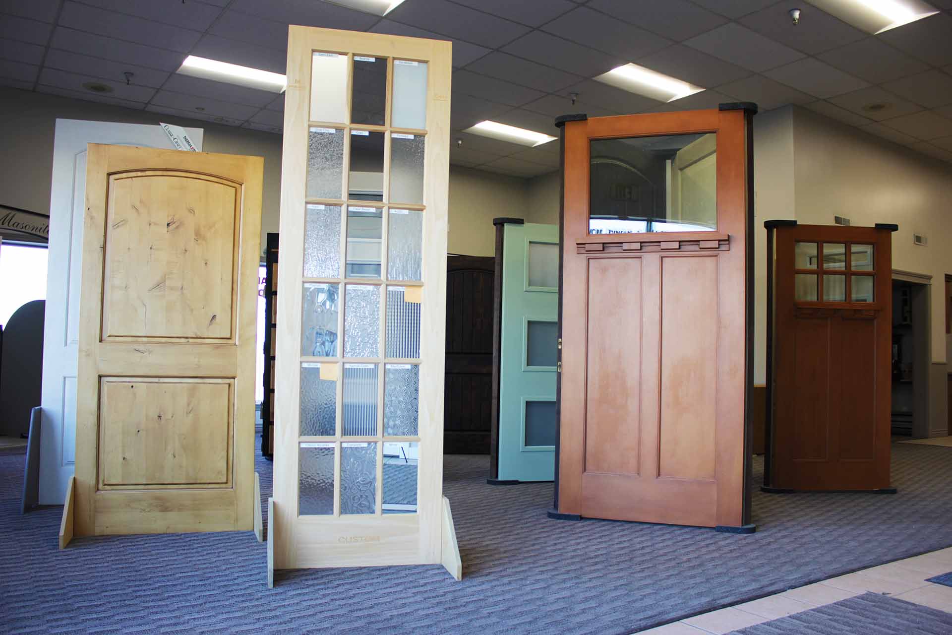 A beautiful selection of doors in a showroom